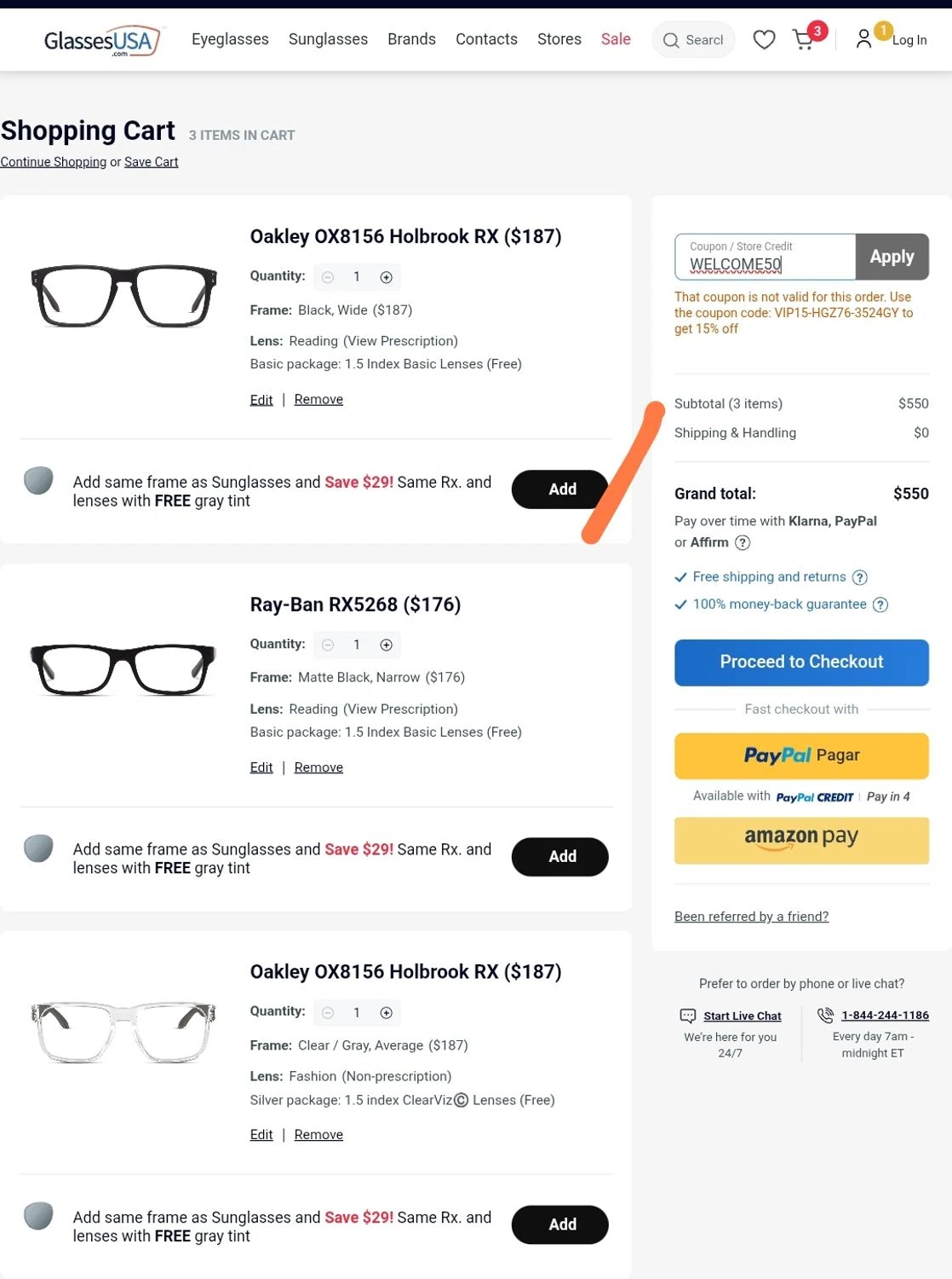 GlassesUSA promo code screenshot showing code WELCOME50 applied at GlassesUSA checkout page. Uploaded by SimplyCodes community member JuanMonge on Aug 4, 2025