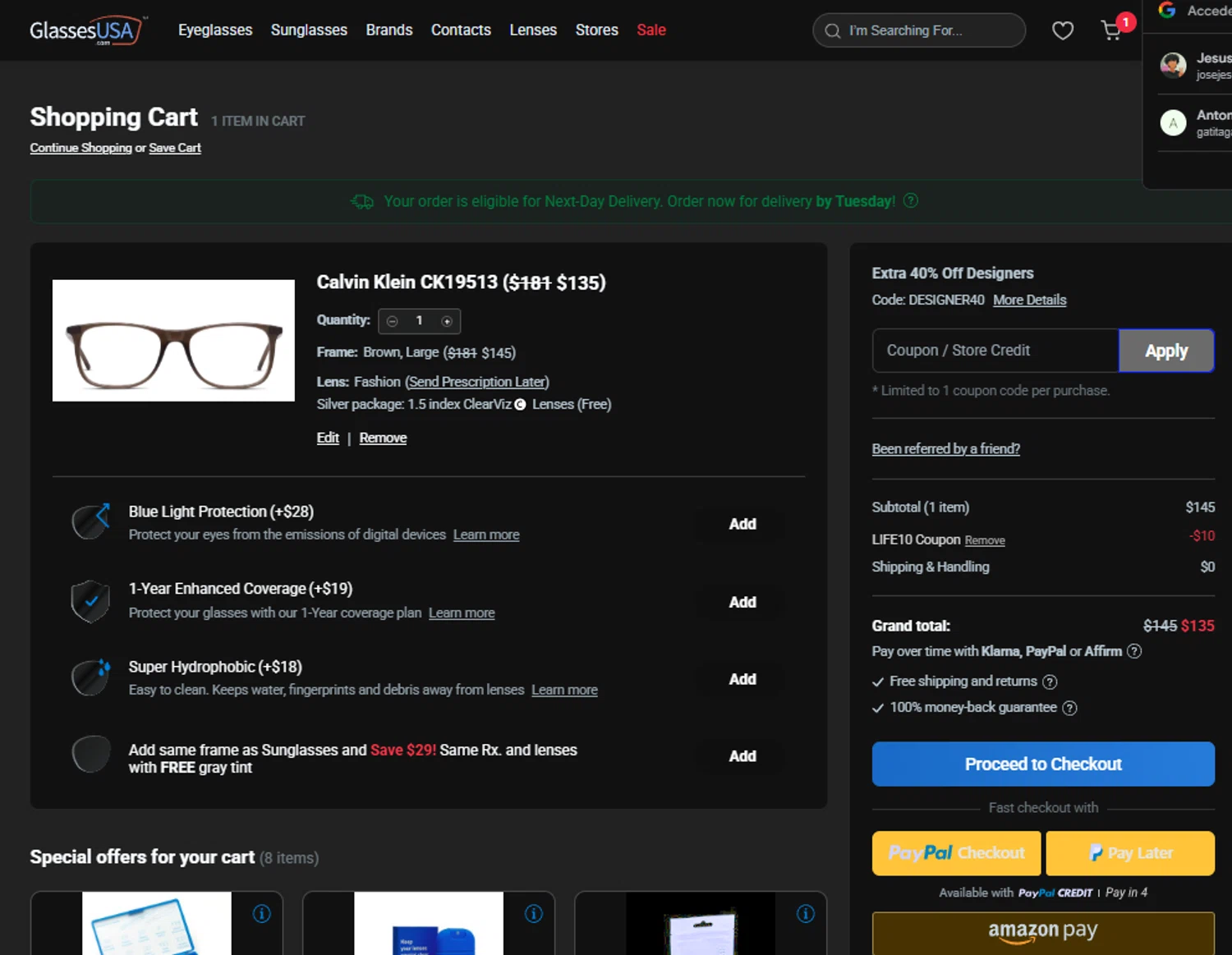 GlassesUSA promo code screenshot showing code LIFE10 applied at GlassesUSA checkout page. Uploaded by SimplyCodes community member idkxxx on Jun 1, 2025