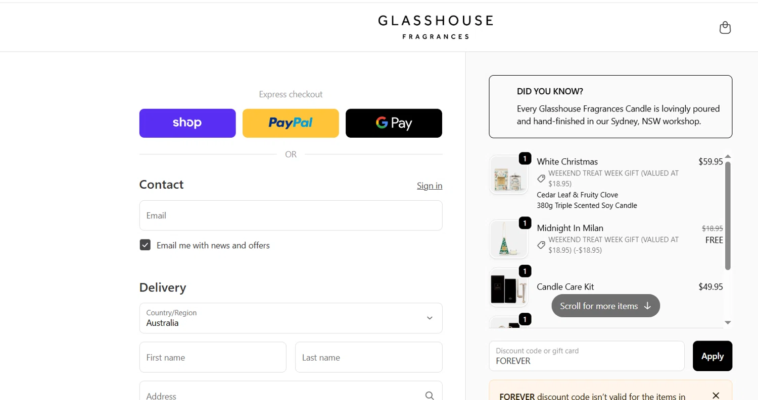 Glasshouse Fragrances promo code screenshot showing code FOREVER applied at Glasshouse Fragrances checkout page. Uploaded by SimplyCodes community member CodeTiger886 on Dec 13, 2025