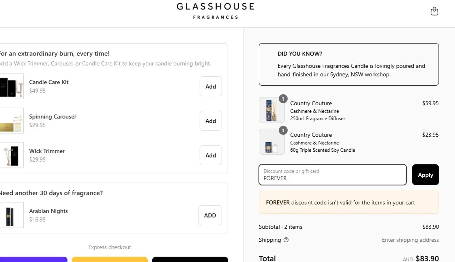 Glasshouse Fragrances promo code screenshot showing code FOREVER applied at Glasshouse Fragrances checkout page. Uploaded by SimplyCodes community member Olorinnnnn on Apr 11, 2025