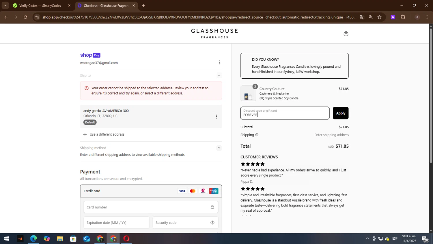 Glasshouse Fragrances promo code screenshot showing code FOREVER applied at Glasshouse Fragrances checkout page. Uploaded by SimplyCodes community member lisandro on Apr 11, 2025