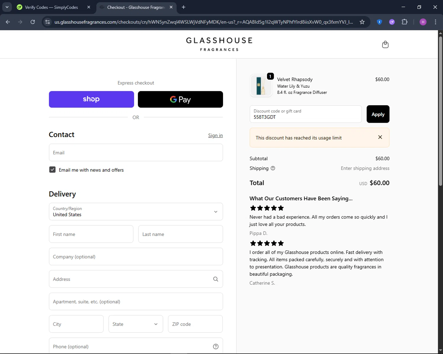 Glasshouse Fragrances promo code screenshot showing code 558T3GDT applied at Glasshouse Fragrances checkout page. Uploaded by SimplyCodes community member TokenNavigator6891 on Dec 2, 2025