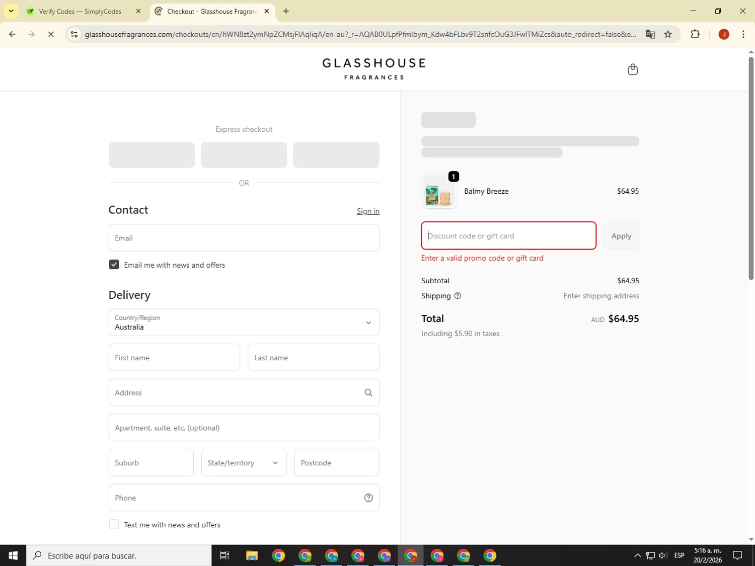 Glasshouse Fragrances promo code screenshot showing code 3KSHRFQR applied at Glasshouse Fragrances checkout page. Uploaded by SimplyCodes community member KimDokja on Feb 20, 2026
