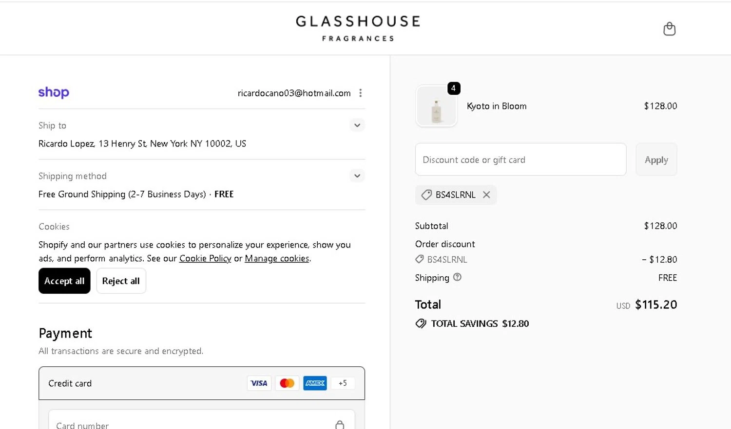 Glasshouse Fragrances checkout page showing Glasshouse Fragrances promo code box | Screenshot taken by SimplyCodes community member on Feb 18, 2026