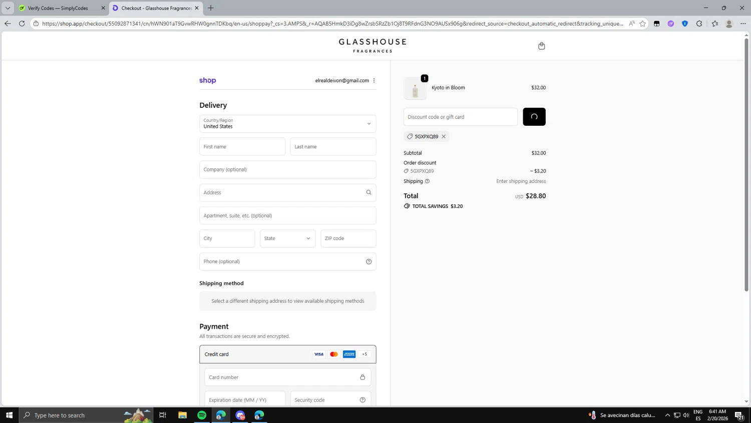 Glasshouse Fragrances checkout page showing Glasshouse Fragrances promo code box | Screenshot taken by SimplyCodes community member on Feb 20, 2026
