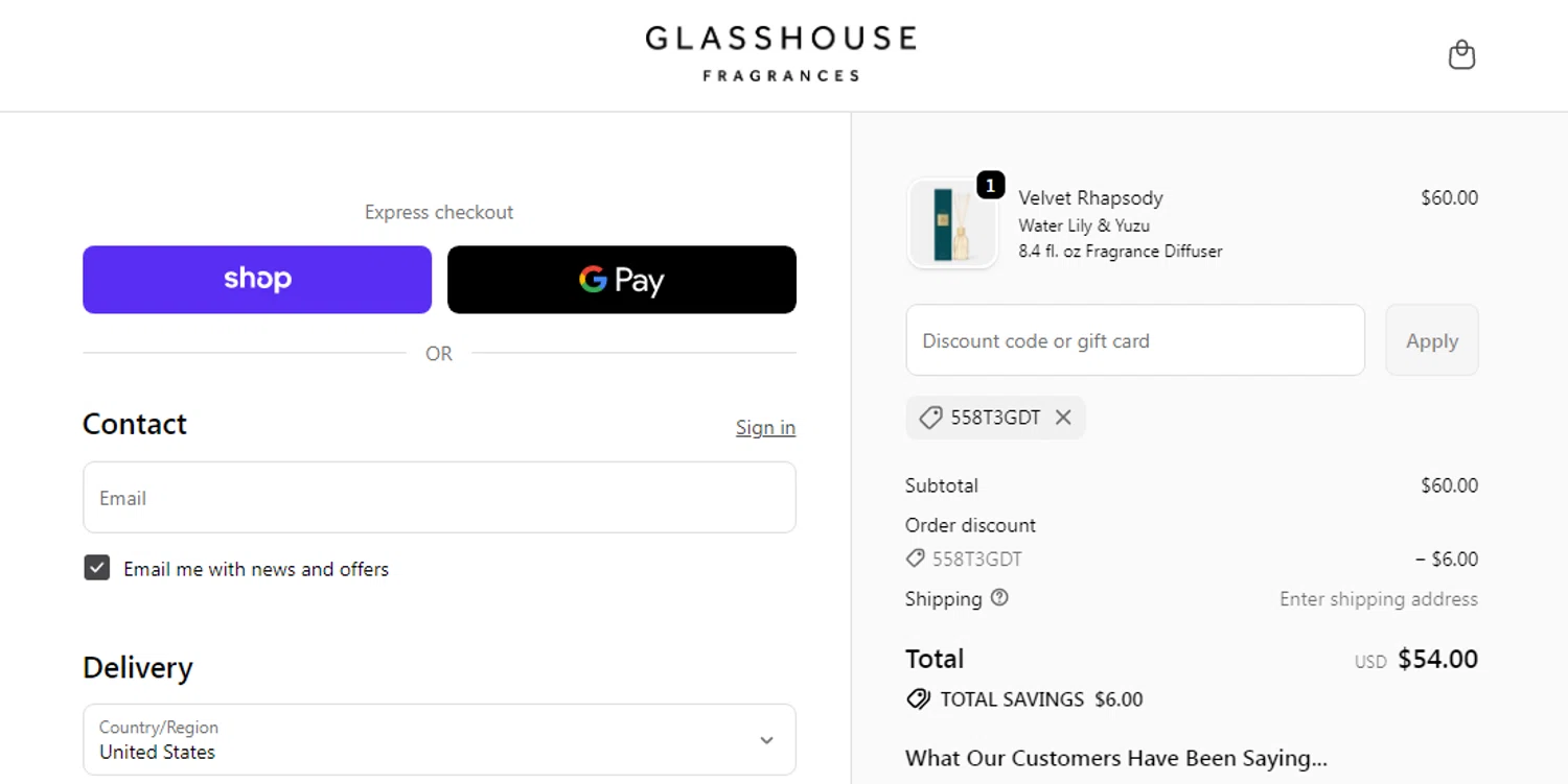 Glasshouse Fragrances promo code screenshot showing code 558T3GDT applied at Glasshouse Fragrances checkout page. Uploaded by SimplyCodes community member RonaldAcunaJr on Nov 28, 2025