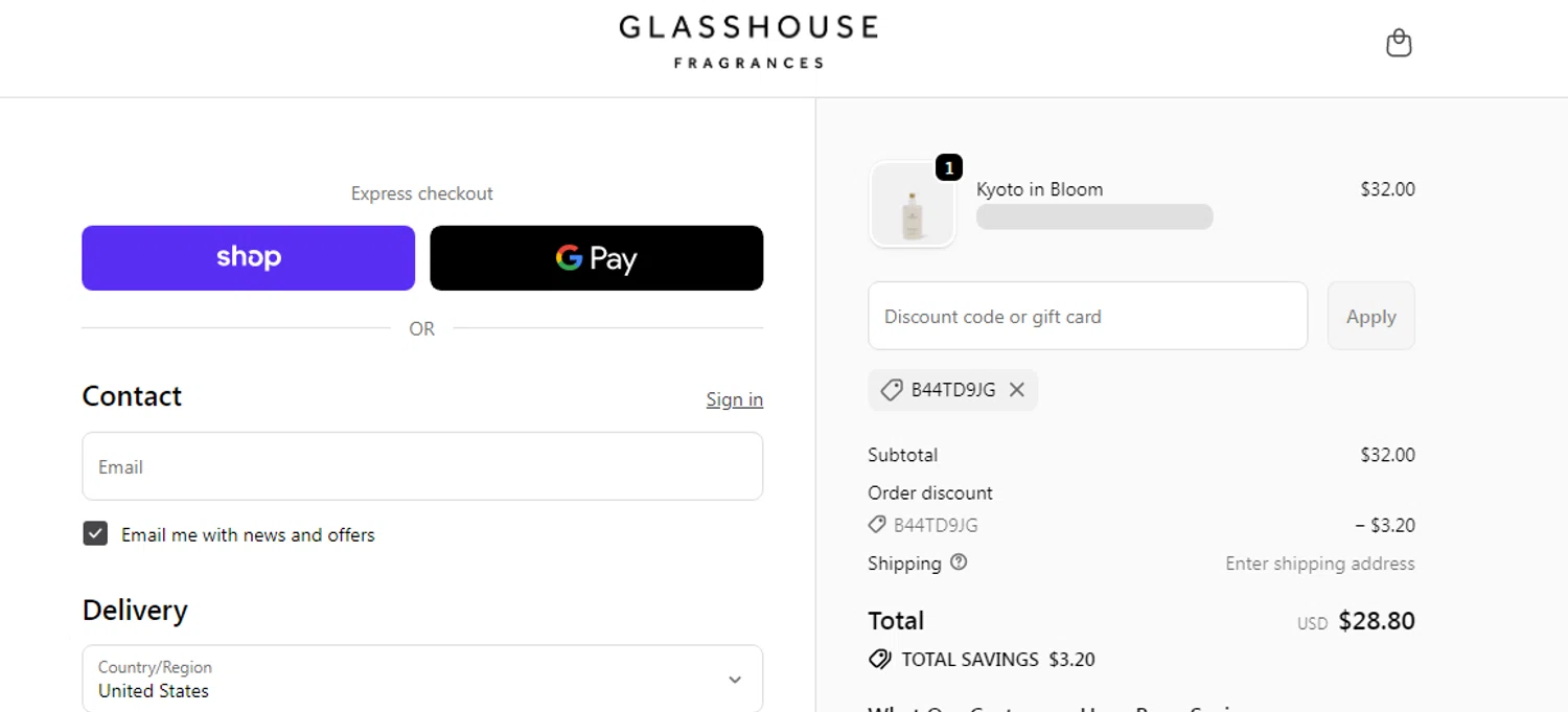 Glasshouse Fragrances promo code screenshot showing code B44TD9JG applied at Glasshouse Fragrances checkout page. Uploaded by SimplyCodes community member RonaldAcunaJr on Feb 25, 2026