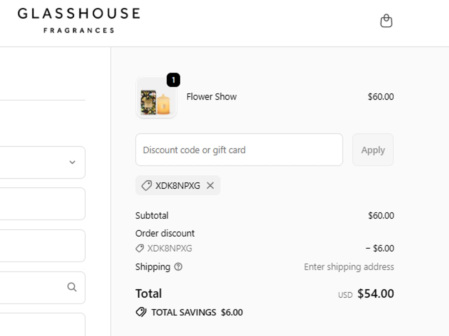 Glasshouse Fragrances promo code screenshot showing code XDK8NPXG applied at Glasshouse Fragrances checkout page. Uploaded by SimplyCodes community member SilverMakeup on Feb 25, 2026