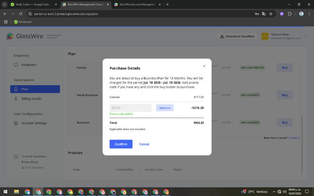 GlassWire checkout page showing GlassWire discount code box | Screenshot taken by SimplyCodes community member on Jul 10, 2025