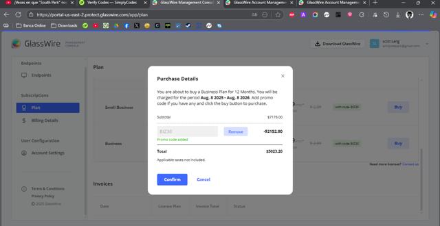 GlassWire checkout page showing GlassWire discount code box | Screenshot taken by SimplyCodes community member on Aug 8, 2025