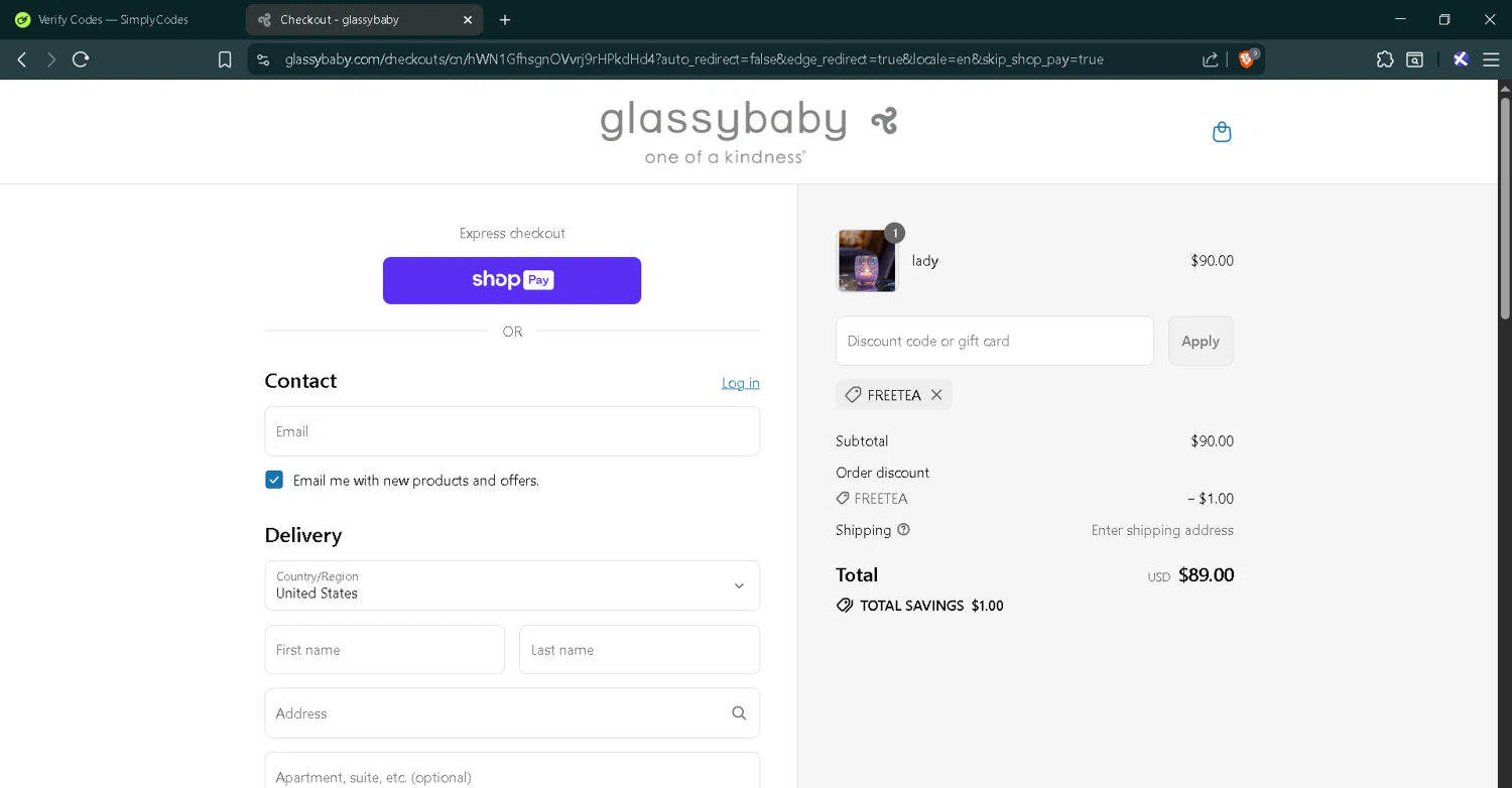 Glassybaby discount code screenshot showing code FREETEA applied at Glassybaby checkout page. Uploaded by SimplyCodes community member RoyalMaverick7546 on Jul 31, 2025