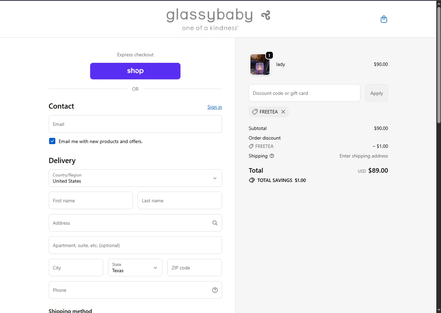 Glassybaby discount code screenshot showing code FREETEA applied at Glassybaby checkout page. Uploaded by SimplyCodes community member SalePhoenix2220 on Oct 3, 2025