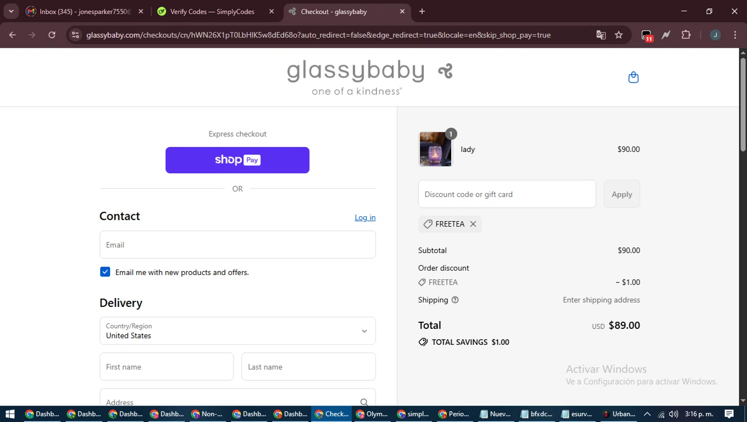 Glassybaby discount code screenshot showing code FREETEA applied at Glassybaby checkout page. Uploaded by SimplyCodes community member ScanLynx8928 on Aug 22, 2025