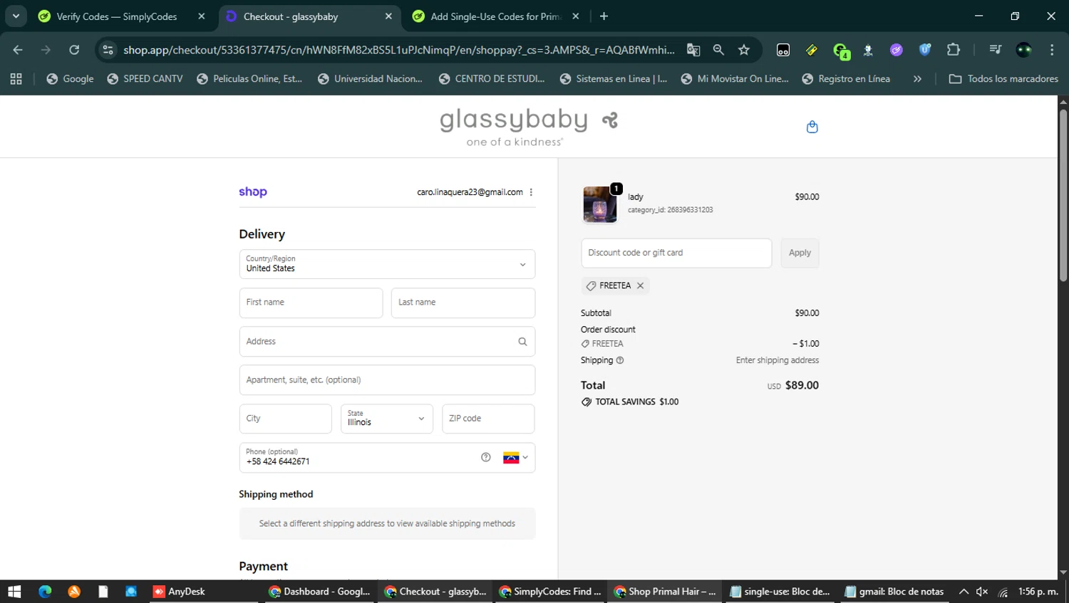 Glassybaby checkout page showing Glassybaby discount code box | Screenshot taken by SimplyCodes community member on Jan 31, 2026