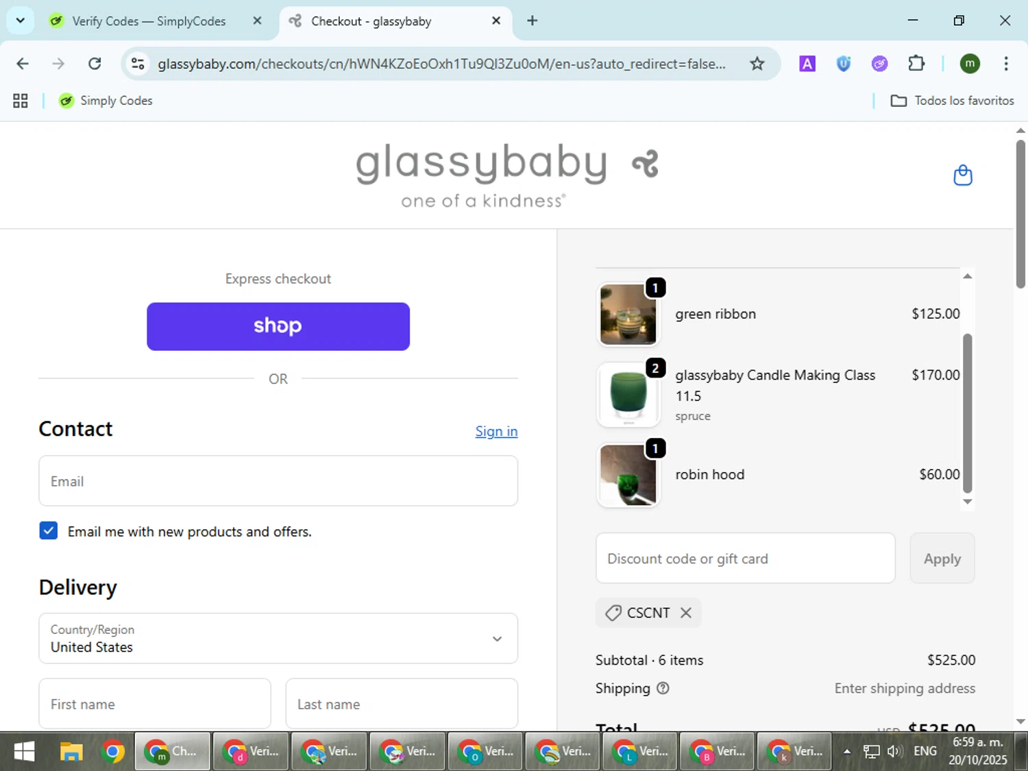 Glassybaby discount code screenshot showing code CSCNT applied at Glassybaby checkout page. Uploaded by SimplyCodes community member VoucherCollector9196 on Oct 20, 2025