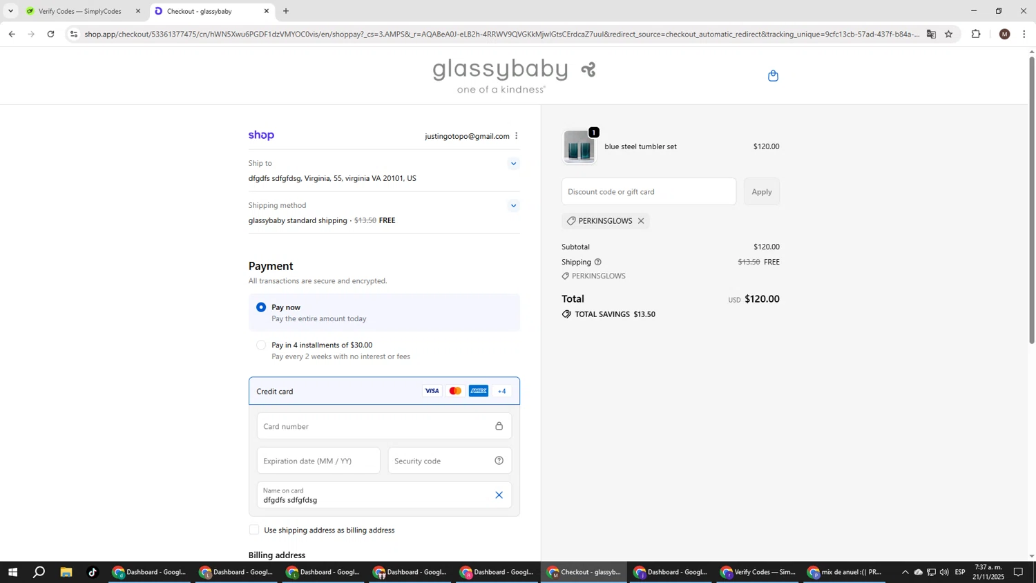 Glassybaby discount code screenshot showing code PERKINSGLOWS applied at Glassybaby checkout page. Uploaded by SimplyCodes community member KTMCRF on Nov 21, 2025