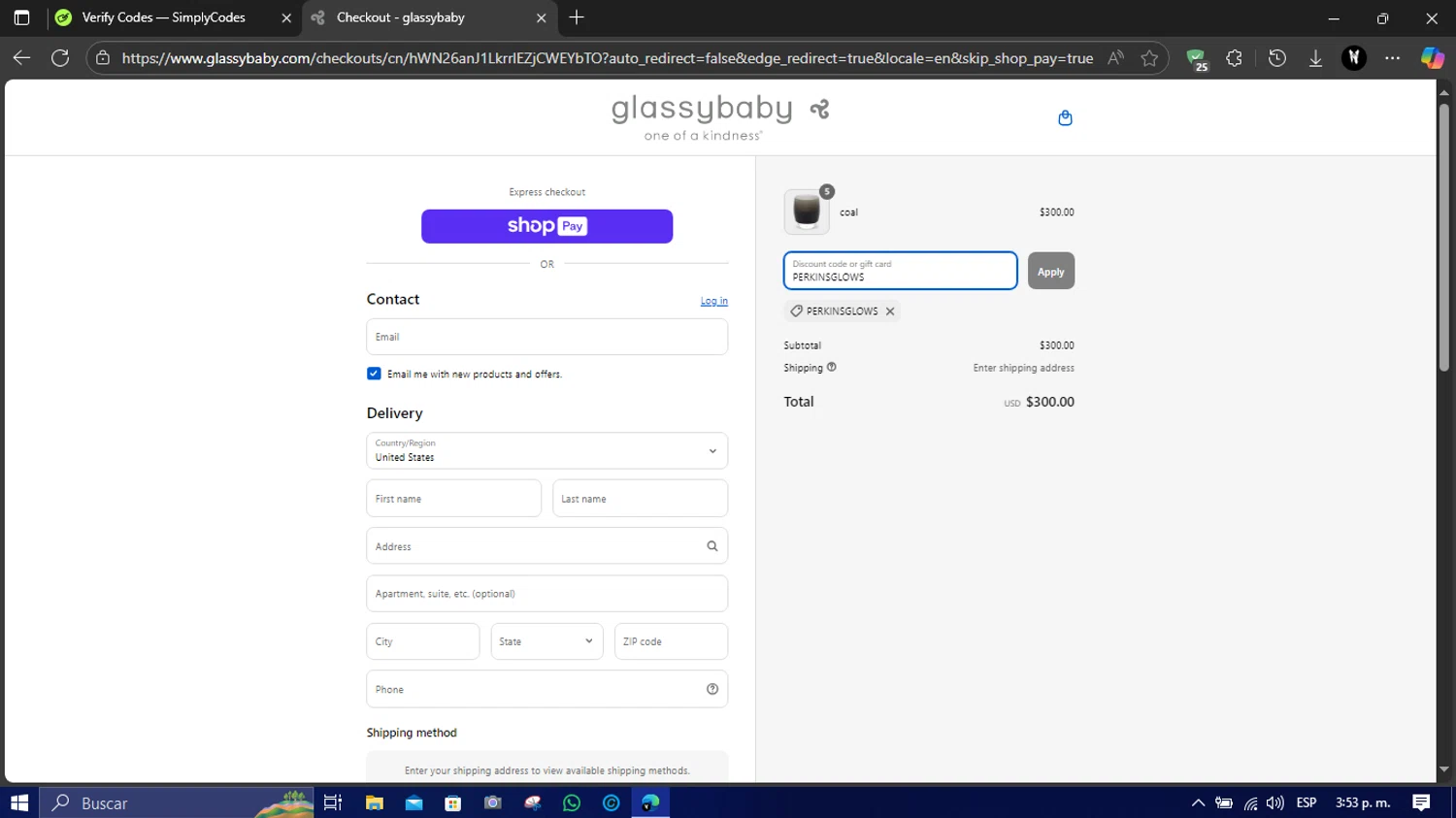 Glassybaby discount code screenshot showing code PERKINSGLOWS applied at Glassybaby checkout page. Uploaded by SimplyCodes community member LegendaryFox3474 on Aug 22, 2025