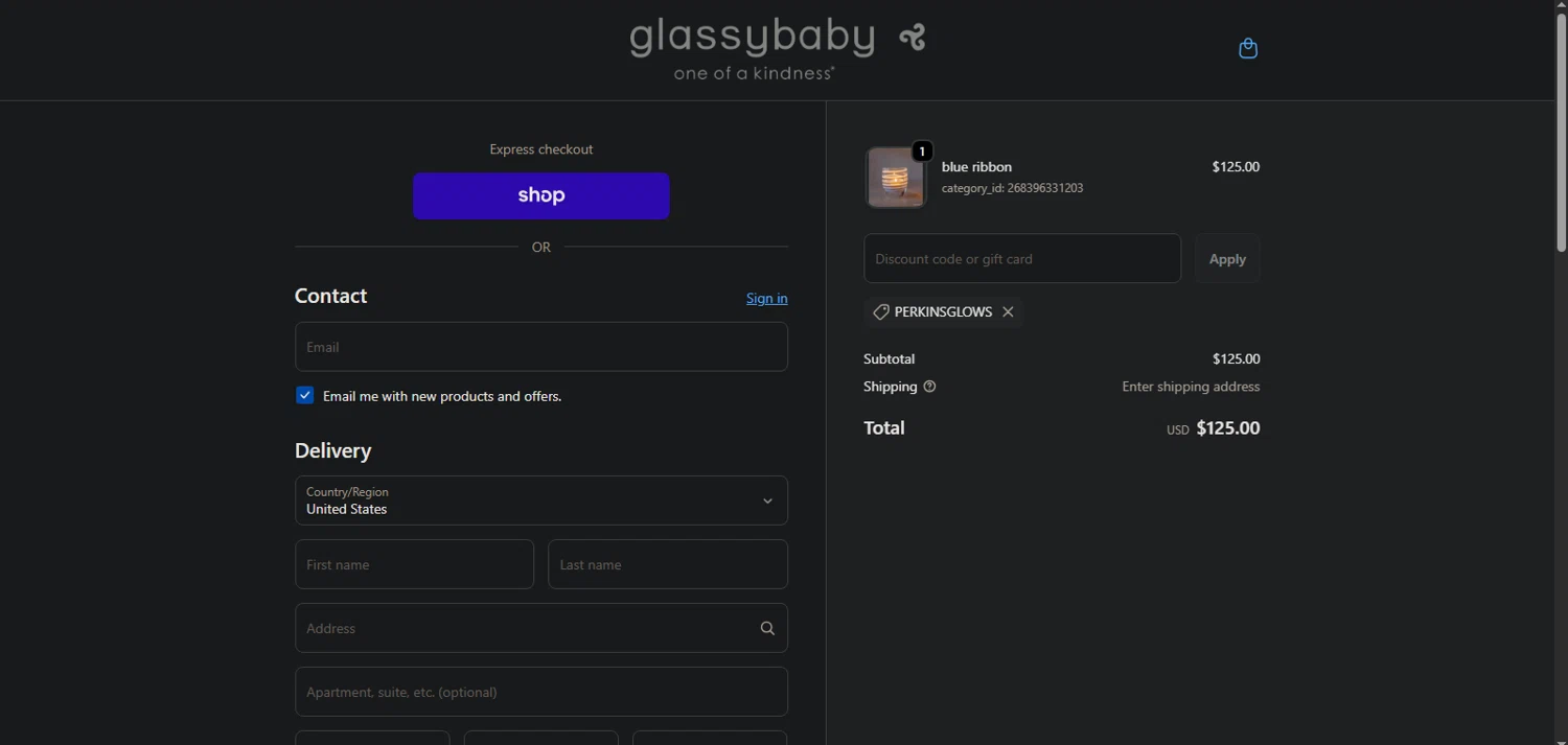 Glassybaby discount code screenshot showing code PERKINSGLOWS applied at Glassybaby checkout page. Uploaded by SimplyCodes community member TreasureMaestro5413 on Oct 20, 2025