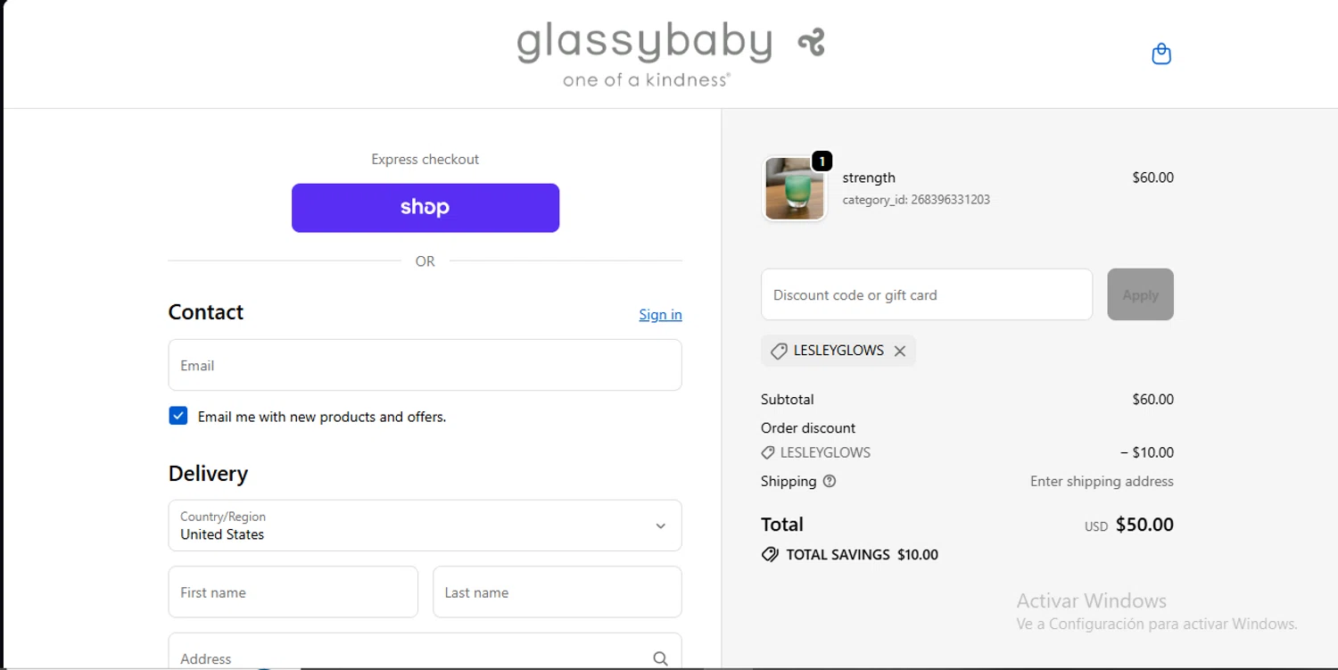 Glassybaby discount code screenshot showing code LESLEYGLOWS applied at Glassybaby checkout page. Uploaded by SimplyCodes community member GoldSeeker7901 on Oct 14, 2025