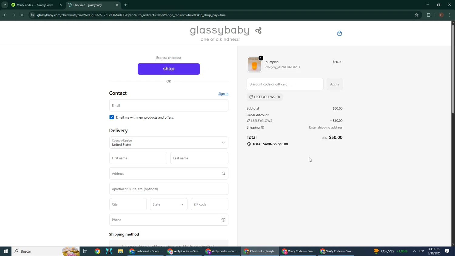 Glassybaby discount code screenshot showing code LESLEYGLOWS applied at Glassybaby checkout page. Uploaded by SimplyCodes community member Pirlo420 on Oct 3, 2025