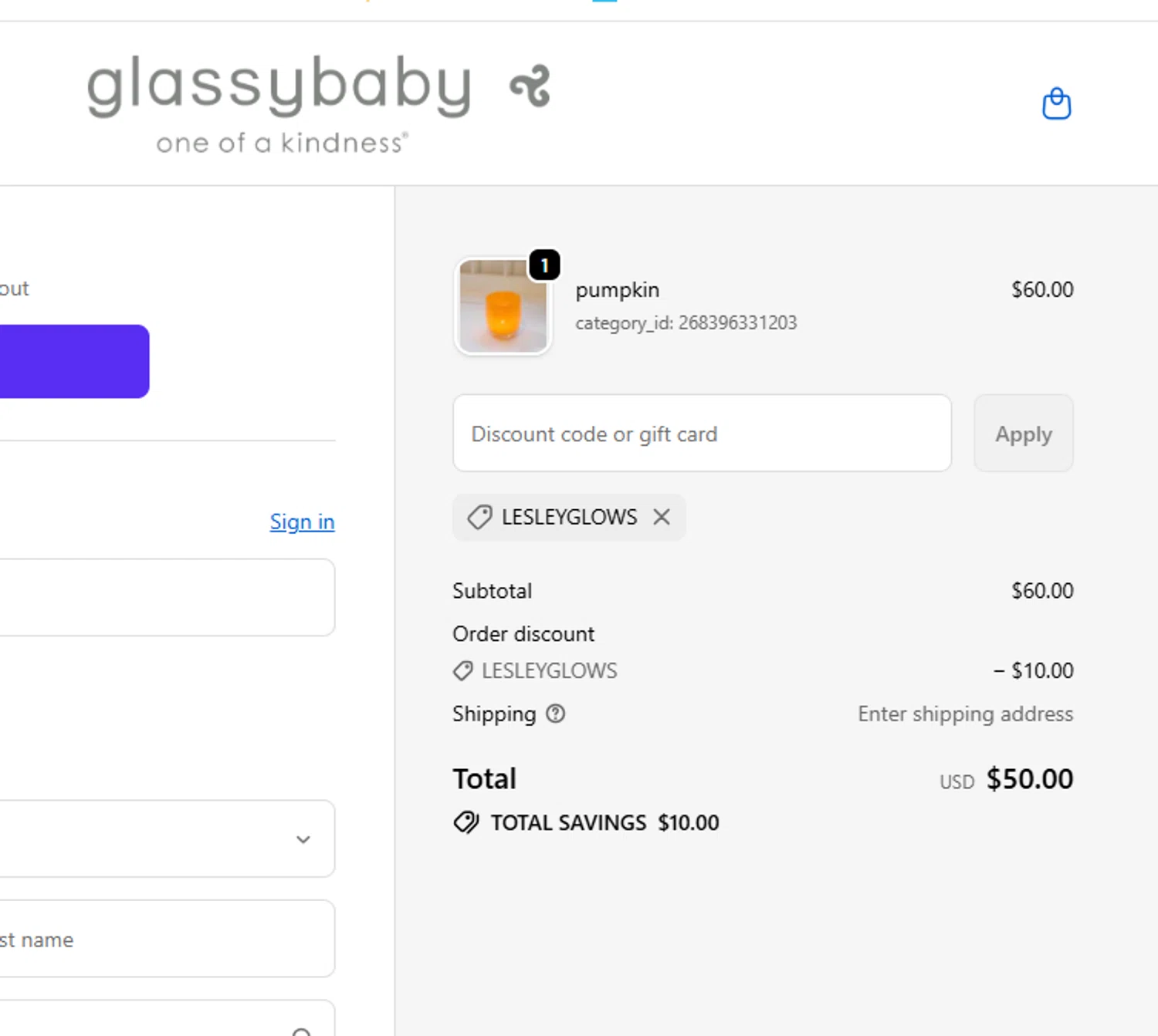 Glassybaby discount code screenshot showing code LESLEYGLOWS applied at Glassybaby checkout page. Uploaded by SimplyCodes community member yeresojperez on Dec 23, 2025