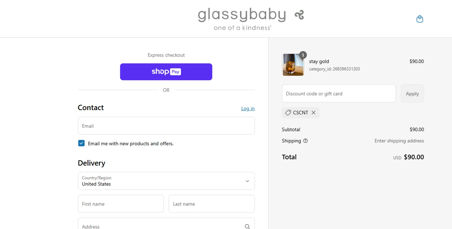 Glassybaby discount code screenshot showing code CSCNT applied at Glassybaby checkout page. Uploaded by SimplyCodes community member ashe1986 on Jul 16, 2025