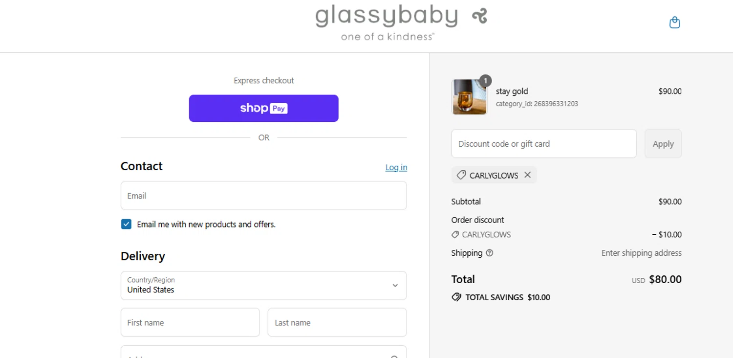 Glassybaby discount code screenshot showing code CARLYGLOWS applied at Glassybaby checkout page. Uploaded by SimplyCodes community member ashe1986 on Aug 6, 2025