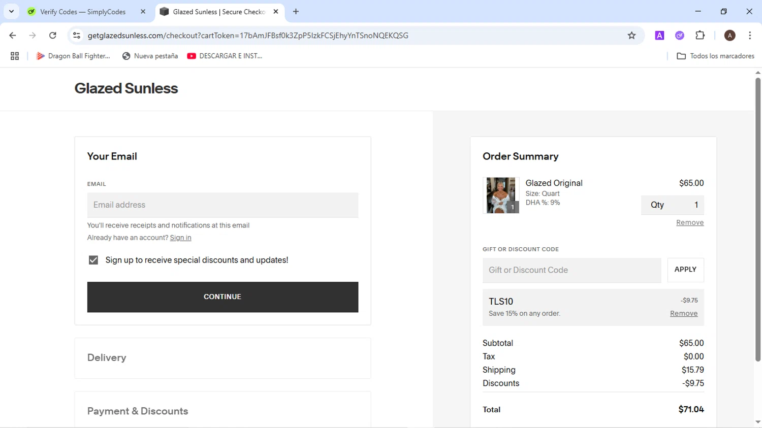 Glazed Sunless discount code screenshot showing code TLS10 applied at Glazed Sunless checkout page. Uploaded by SimplyCodes community member BudgetMaven6078 on Jun 22, 2025