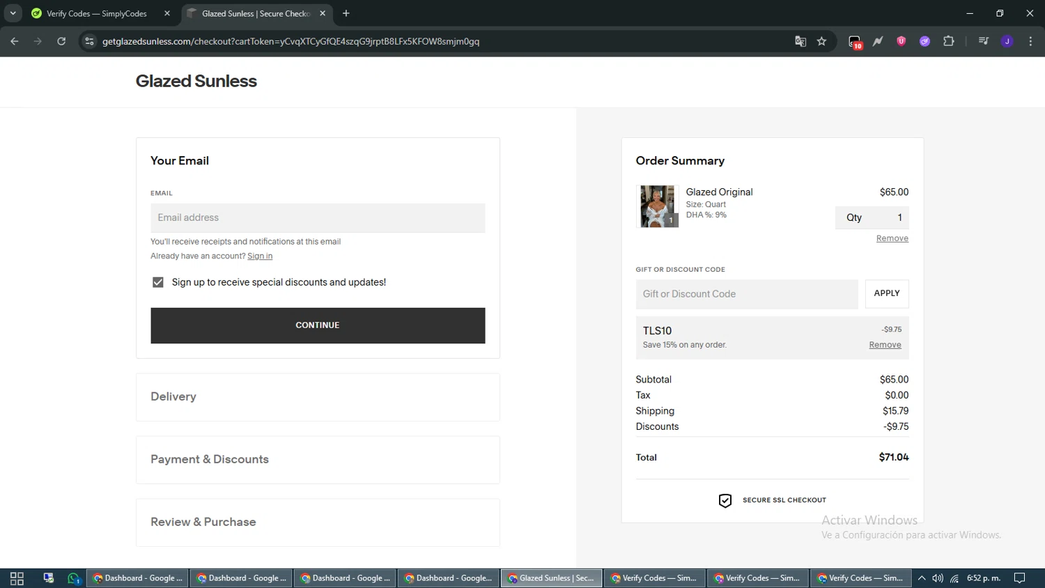 Glazed Sunless discount code screenshot showing code TLS10 applied at Glazed Sunless checkout page. Uploaded by SimplyCodes community member WiseMaven9968 on Jun 8, 2025