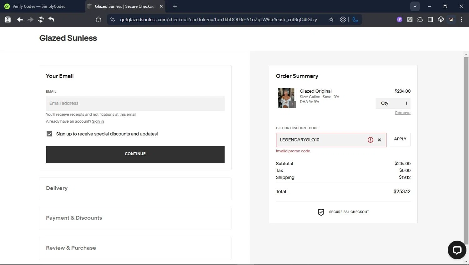 Glazed Sunless discount code screenshot showing code LEGENDARYGLO10 applied at Glazed Sunless checkout page. Uploaded by SimplyCodes community member BrilliantTitan6909 on Oct 22, 2025