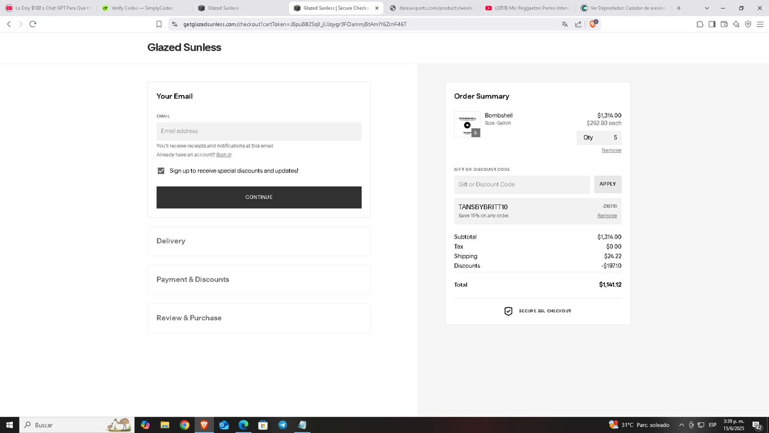 Glazed Sunless checkout page showing Glazed Sunless discount code box | Screenshot taken by SimplyCodes community member on Jun 15, 2025