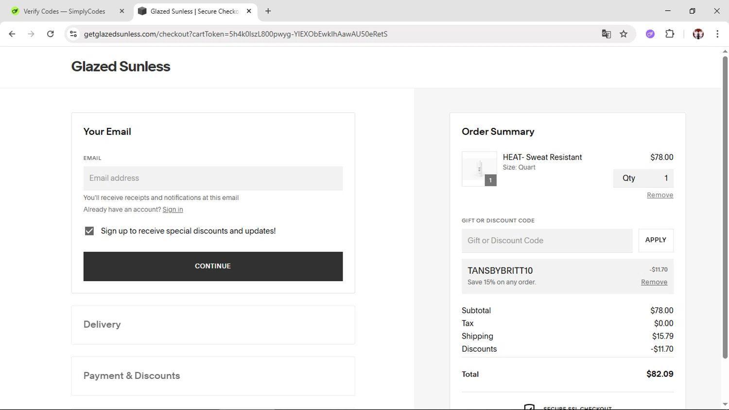 Glazed Sunless checkout page showing Glazed Sunless discount code box | Screenshot taken by SimplyCodes community member on Jun 22, 2025