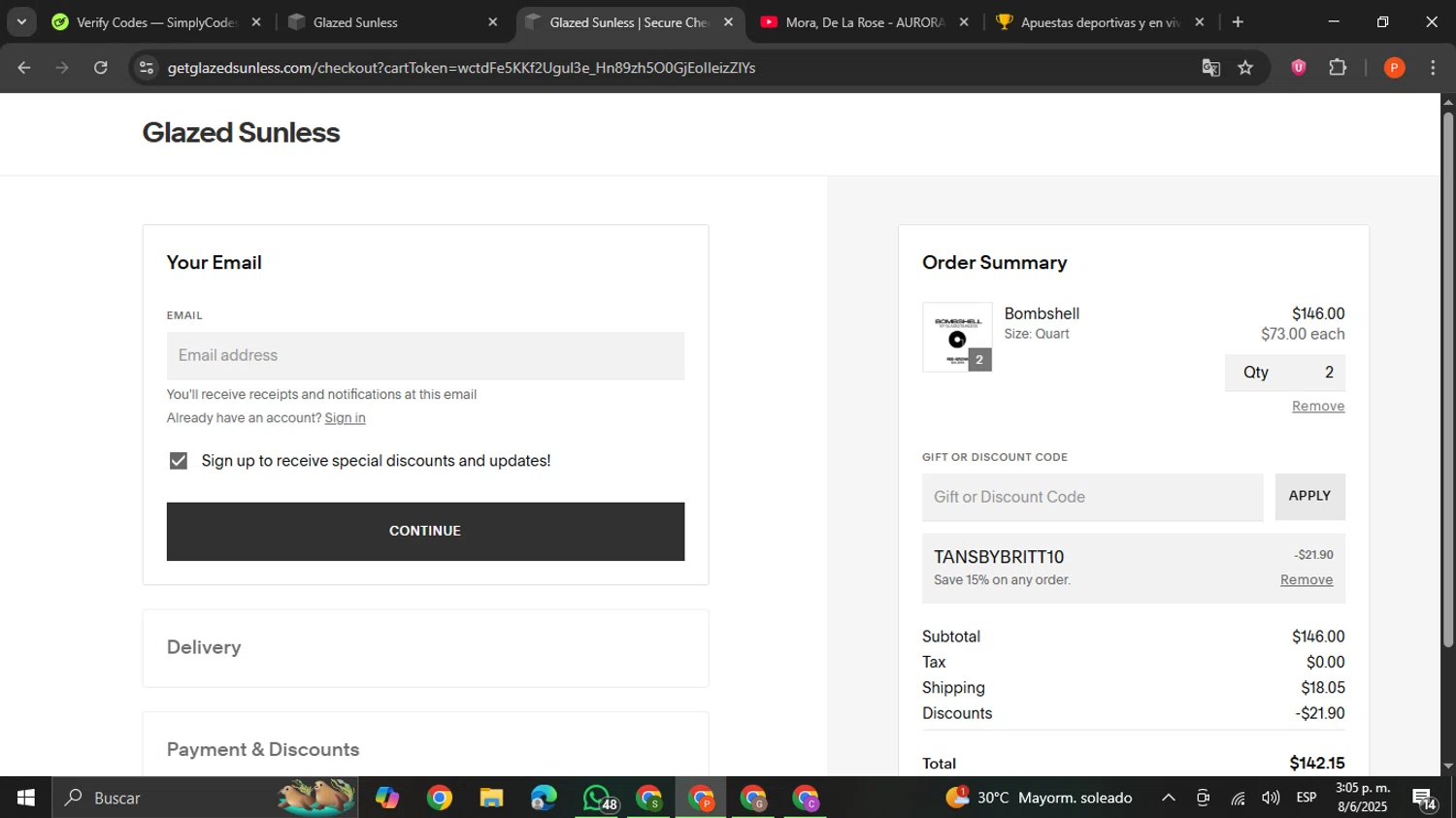 Glazed Sunless checkout page showing Glazed Sunless discount code box | Screenshot taken by SimplyCodes community member on Jun 8, 2025