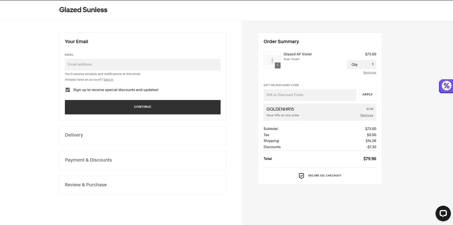 Glazed Sunless discount code screenshot showing code GOLDENHR15 applied at Glazed Sunless checkout page. Uploaded by SimplyCodes community member Depressive on Oct 24, 2025