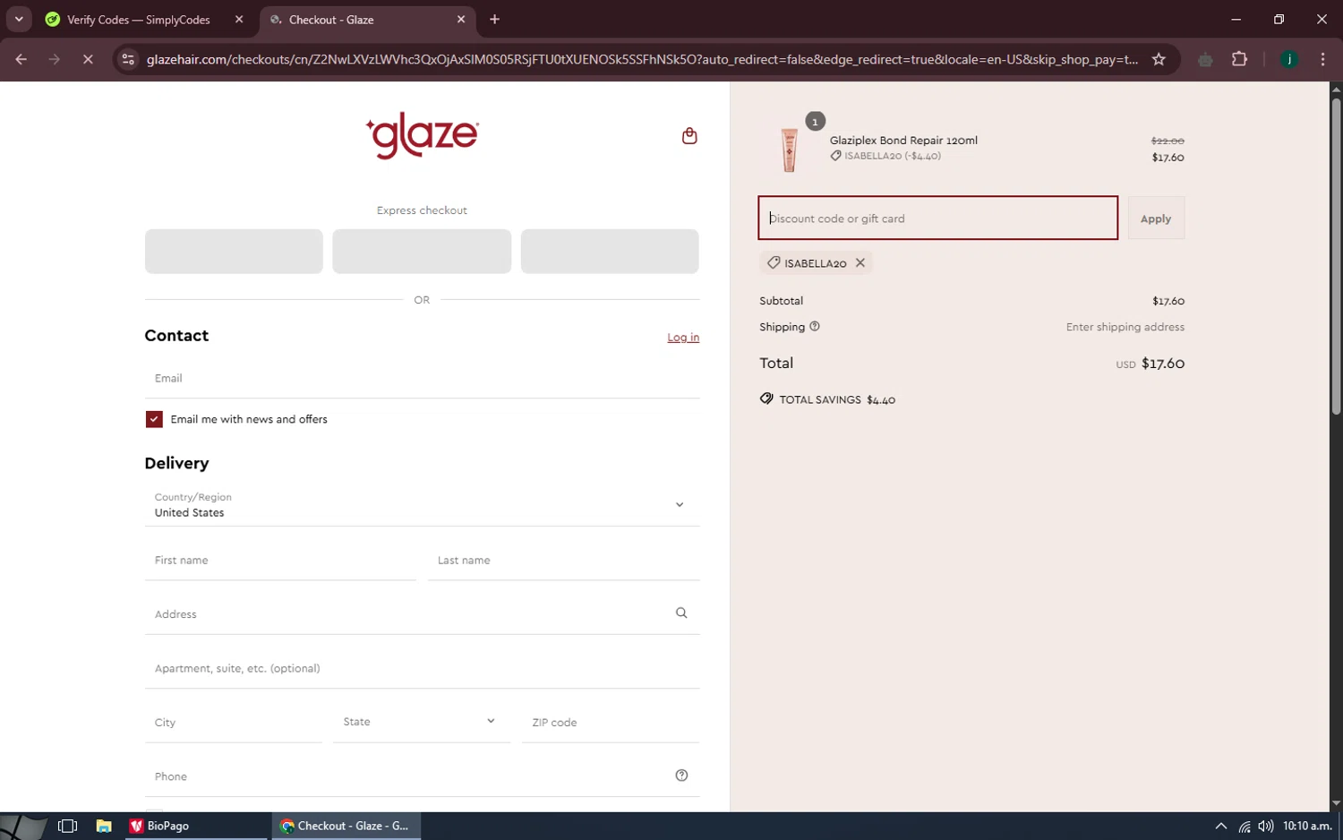 Glaze Hair promo code screenshot showing code ISABELLA20 applied at Glaze Hair checkout page. Uploaded by SimplyCodes community member MoneySpotter5416 on Apr 18, 2025