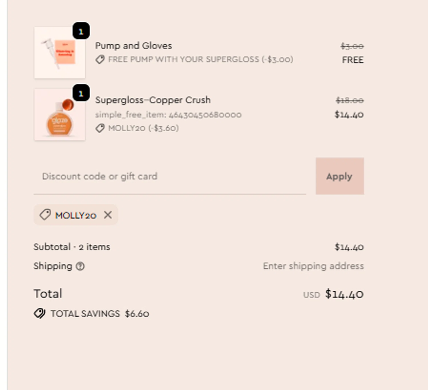 Glaze Hair promo code screenshot showing code MOLLY20 applied at Glaze Hair checkout page. Uploaded by SimplyCodes community member a2d2c2d211 on Nov 20, 2025