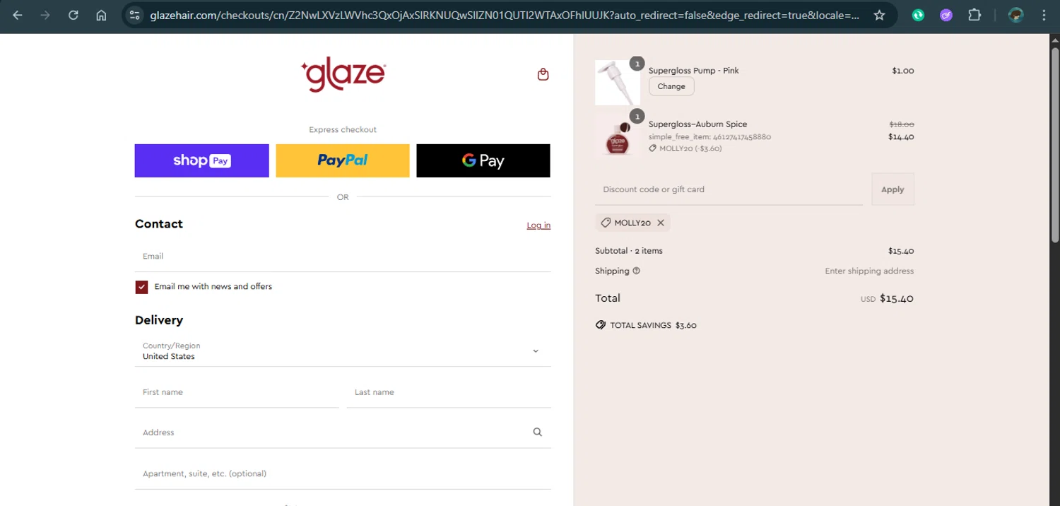Glaze Hair promo code screenshot showing code MOLLY20 applied at Glaze Hair checkout page. Uploaded by SimplyCodes community member xAngel on May 6, 2025