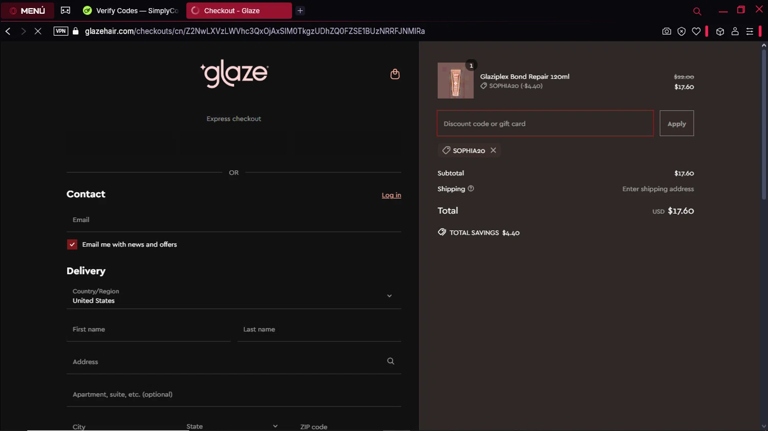 Glaze Hair promo code screenshot showing code SOPHIA20 applied at Glaze Hair checkout page. Uploaded by SimplyCodes community member KeiJJ18 on Apr 18, 2025