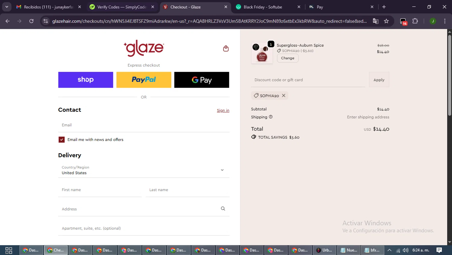 Glaze Hair promo code screenshot showing code SOPHIA20 applied at Glaze Hair checkout page. Uploaded by SimplyCodes community member SmartLion6646 on Nov 15, 2025