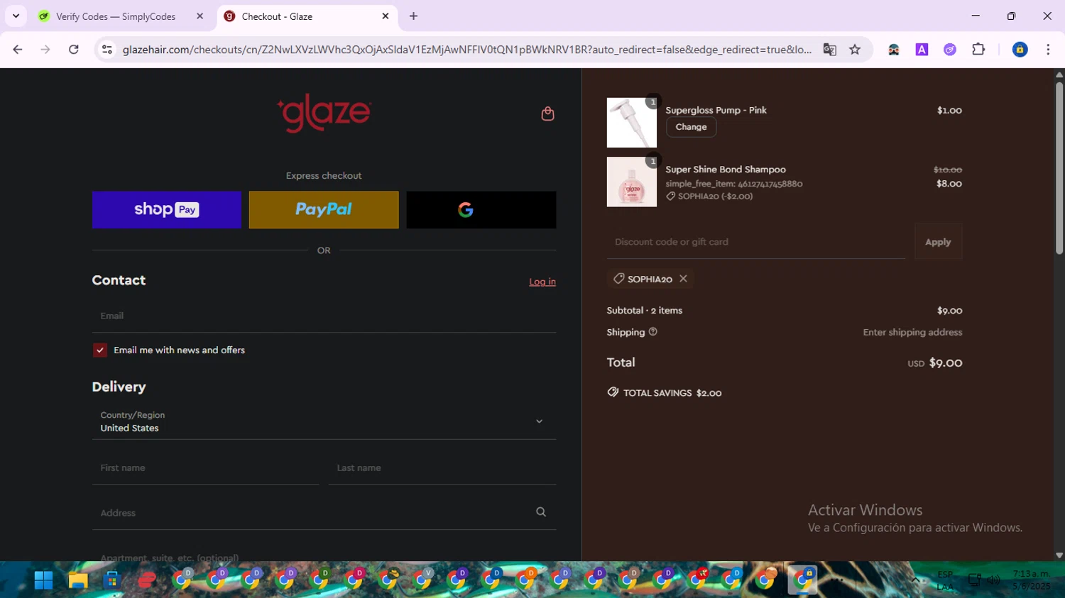Glaze Hair promo code screenshot showing code SOPHIA20 applied at Glaze Hair checkout page. Uploaded by SimplyCodes community member SwiftWarden6832 on Jun 5, 2025