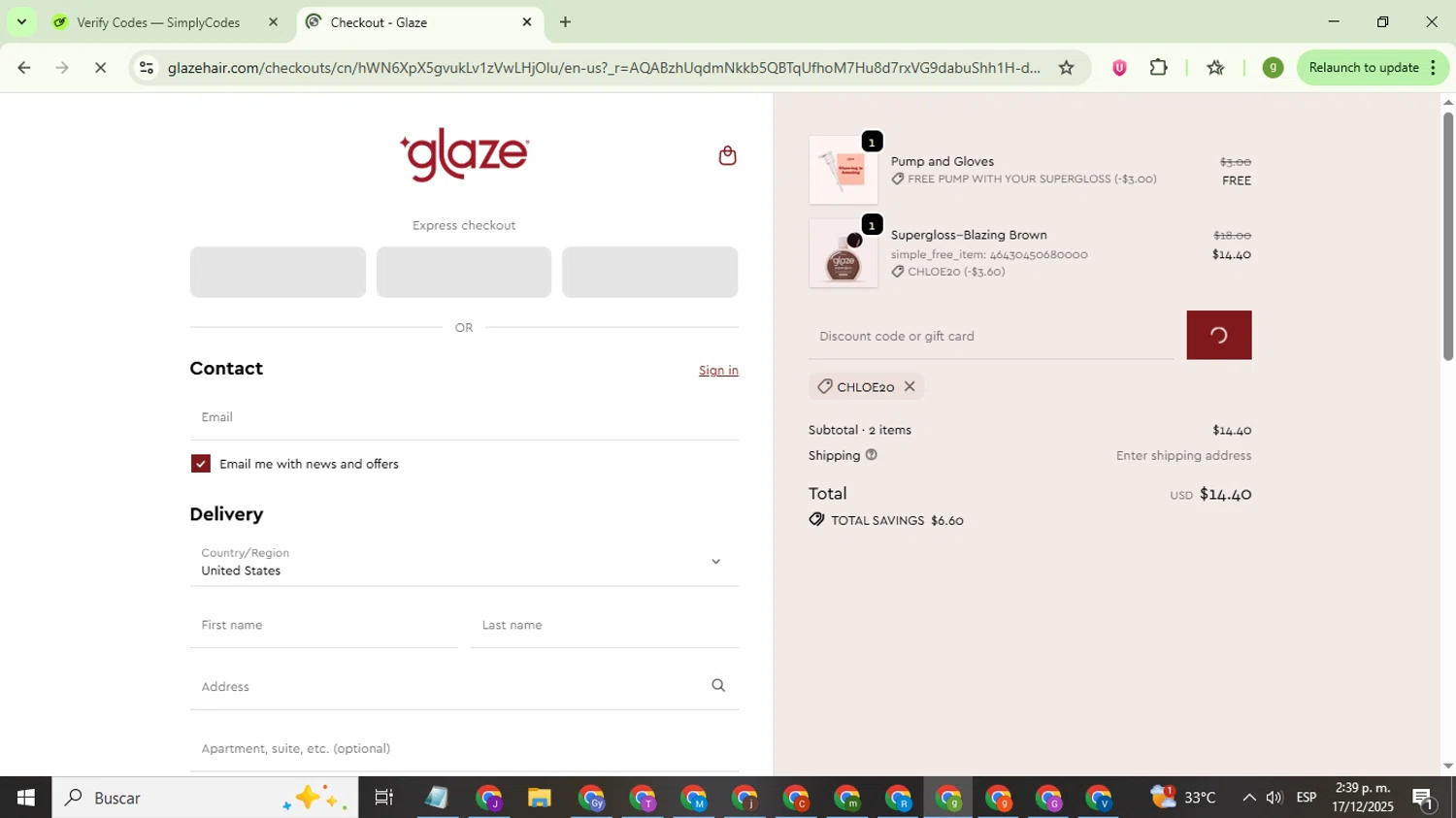 Glaze Hair promo code screenshot showing code CHLOE20 applied at Glaze Hair checkout page. Uploaded by SimplyCodes community member ValiantMaestro6680 on Dec 17, 2025