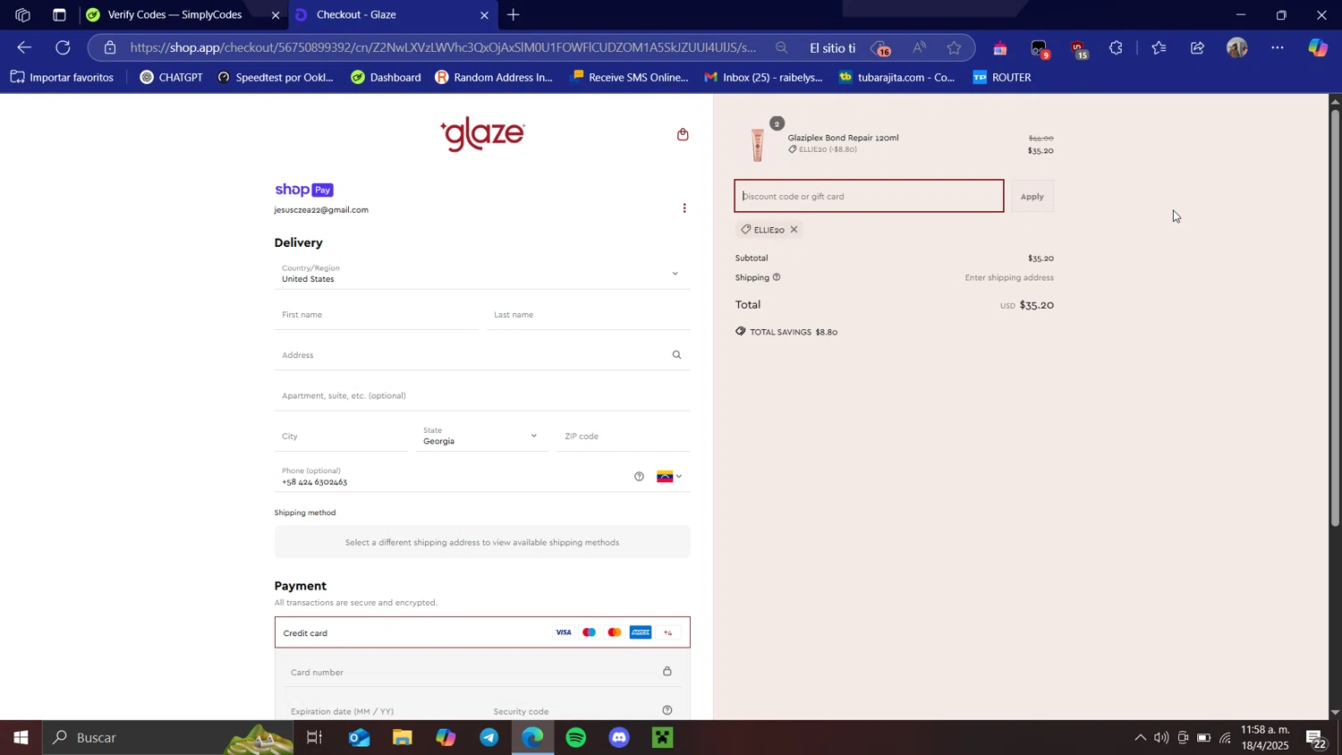 Glaze Hair promo code screenshot showing code ELLIE20 applied at Glaze Hair checkout page. Uploaded by SimplyCodes community member Raibelys_18 on Apr 18, 2025