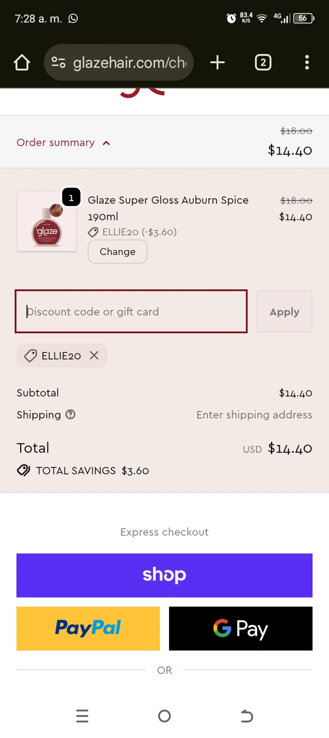 Glaze Hair promo code screenshot showing code ELLIE20 applied at Glaze Hair checkout page. Uploaded by SimplyCodes community member TokenAce5969 on Jan 18, 2026