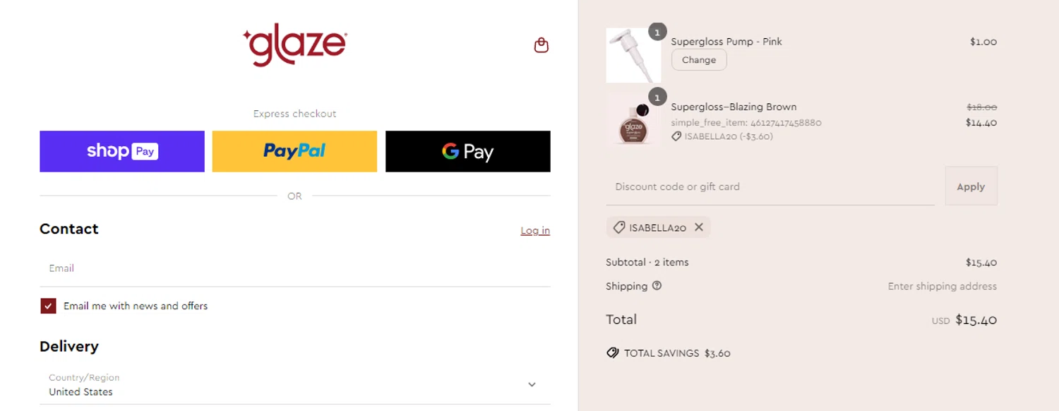 Glaze Hair promo code screenshot showing code ISABELLA20 applied at Glaze Hair checkout page. Uploaded by SimplyCodes community member RonaldAcunaJr on Apr 18, 2025