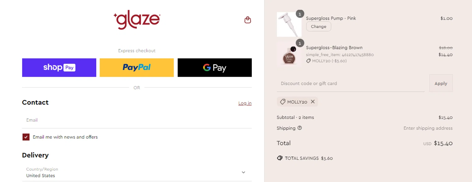 Glaze Hair promo code screenshot showing code MOLLY20 applied at Glaze Hair checkout page. Uploaded by SimplyCodes community member RonaldAcunaJr on Apr 18, 2025