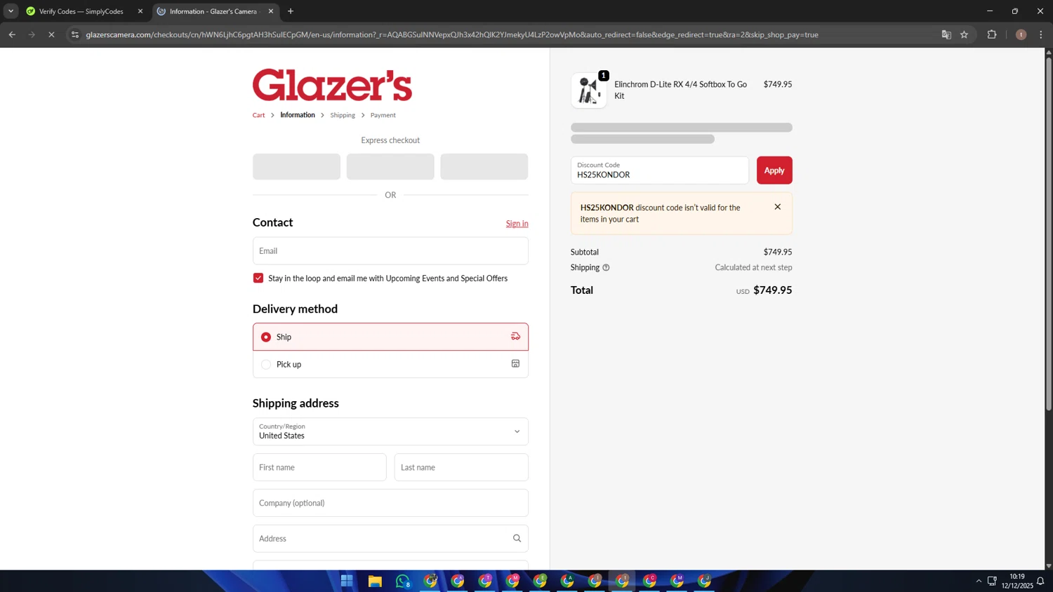 Glazer's Camera checkout page showing Glazer's Camera promo code box | Screenshot taken by SimplyCodes community member on Dec 12, 2025