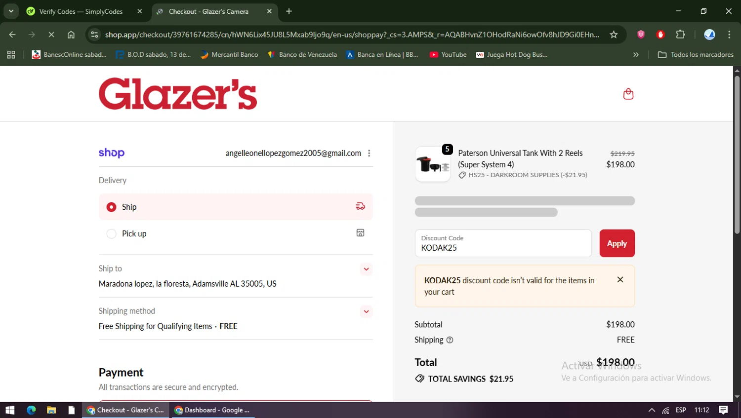 Glazer's Camera checkout page showing Glazer's Camera promo code box | Screenshot taken by SimplyCodes community member on Dec 12, 2025