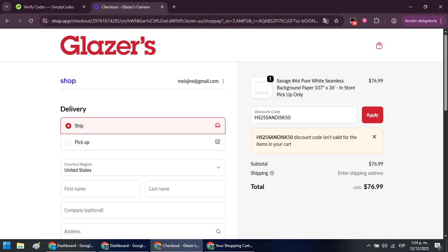 Glazer's Camera checkout page showing Glazer's Camera promo code box | Screenshot taken by SimplyCodes community member on Dec 12, 2025
