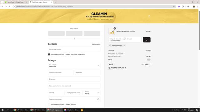 Gleamin checkout page showing Gleamin discount code box | Screenshot taken by SimplyCodes community member on Sep 10, 2025