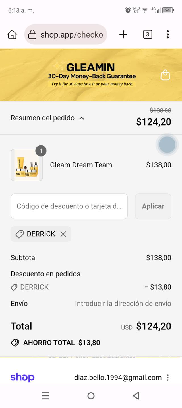 Gleamin checkout page showing Gleamin discount code box | Screenshot taken by SimplyCodes community member on Sep 10, 2025